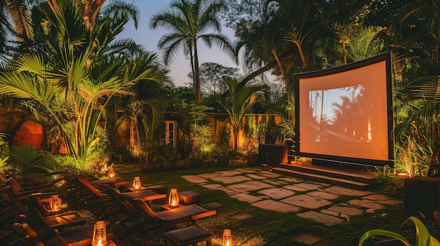 película de cine al aire libre en un jardín tropical