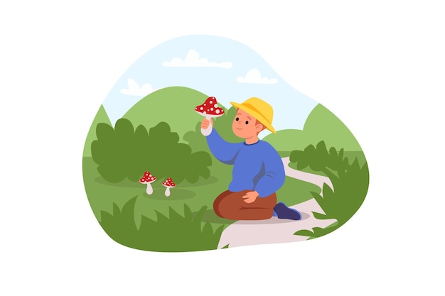 Peligros para niños concepto con gente escena en diseño de dibujos animados plano El niño encontró setas venenosas