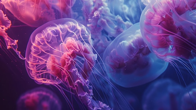 La peligrosa belleza de la medusa púrpura con tentáculos brillantes en el océano
