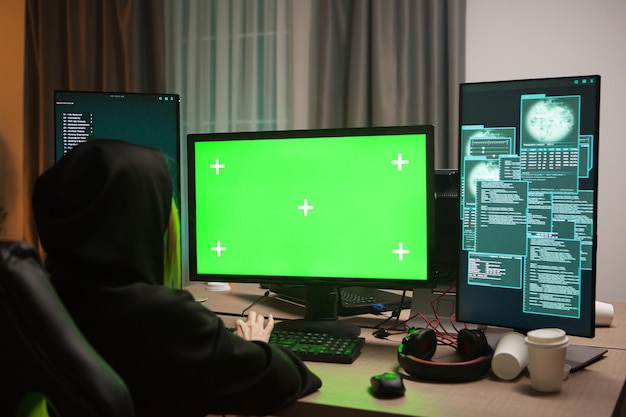 Peligrosa hacker encapuchada frente a la computadora con pantalla verde.