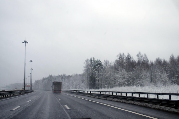 Peligroso un camino húmedo en invierno a través del bosque cubierto de nieve