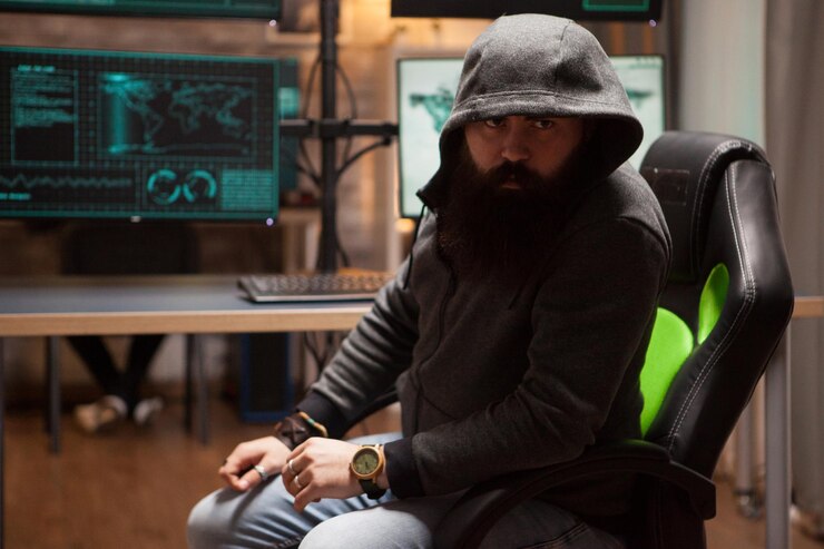 Foto peligroso hacker barbudo con una capucha y mirando a la cámara.