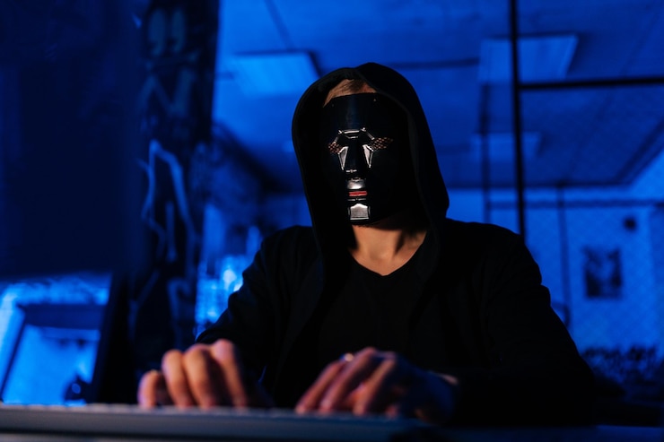 Foto peligroso hacker irreconocible con máscara negra y sudadera pirateando un sitio web en línea o participando en la piratería de sistemas de seguridad