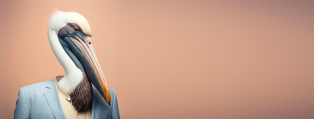 Pelikan gekleidet in einem formellen Business-Anzug mit pastellfarbenem Hintergrund anthropomorpher Geschäftsmann Generative KI
