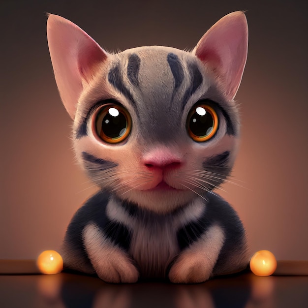 Pelo Curto Americano. Filhote de gato adorável. Ilustração 3D de um gatinho com grandes olhos brilhantes.