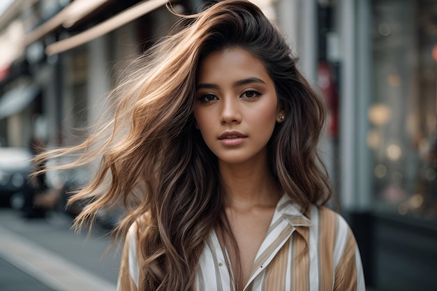 Pelo estilo de cabelo, moda de rua, menina linda.