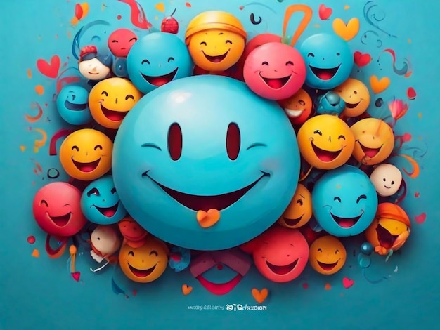 una pelota azul con una cara sonriente y muchos otros coloridos