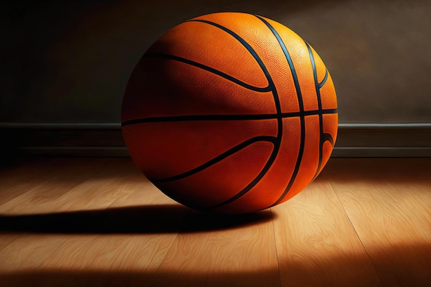 La pelota de baloncesto Blackline se encuentra en la cancha de baloncesto de madera generativa ai