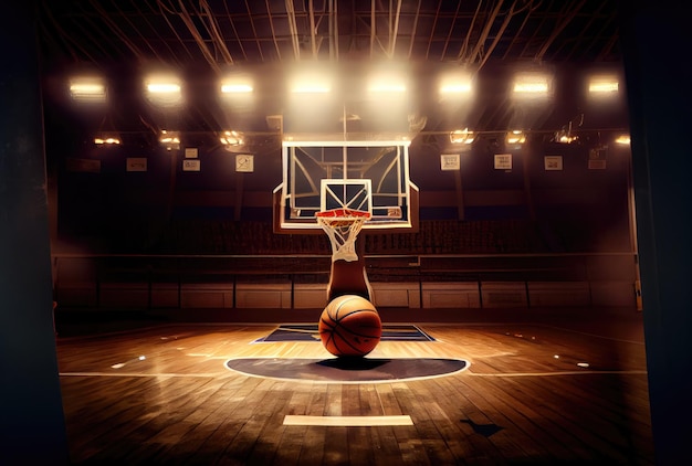 Foto pelota de baloncesto en la cancha de baloncesto concepto de deporte y atleta ia generativa