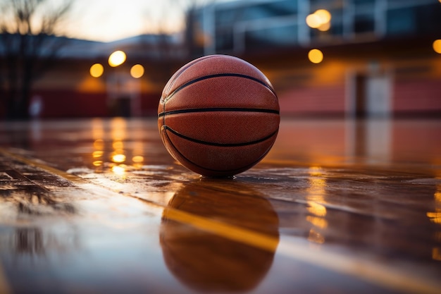 Pelota de baloncesto en la cancha de baloncesto vacía