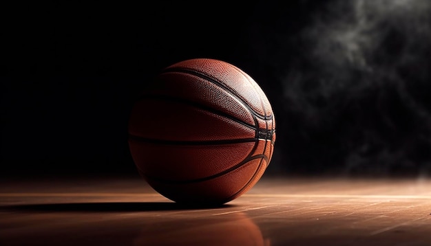 Una pelota de baloncesto en la cancha con un fondo oscuro