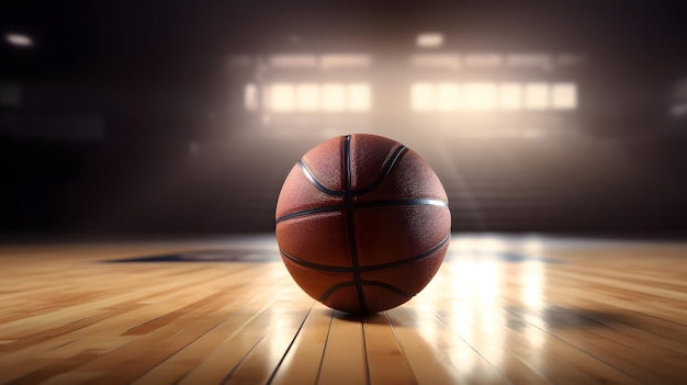 Una pelota de baloncesto en la cancha con las luces encendidas