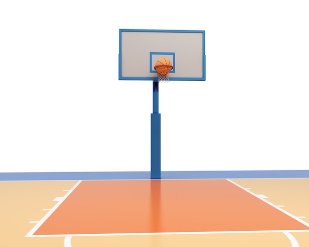 Pelota de baloncesto cayendo en un anillo. Ilustración de render 3d.