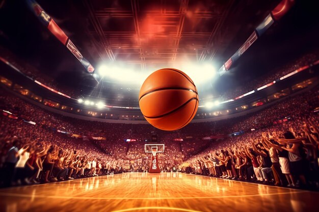 La pelota de baloncesto clásica en movimiento delante de una canasta en una arena de baloncestro llena de gente