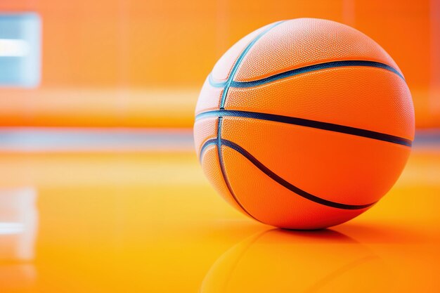 Pelota de baloncesto en el espacio de la copia del gimnasio cerca del bakground naranja