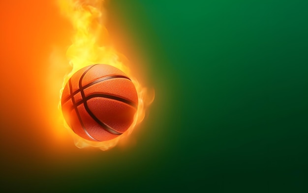 Una pelota de baloncesto está ardiendo sobre un fondo verde con un fondo amarillo.