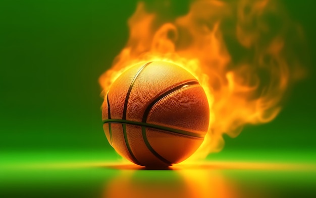 Una pelota de baloncesto está ardiendo sobre un fondo verde con un fondo verde.