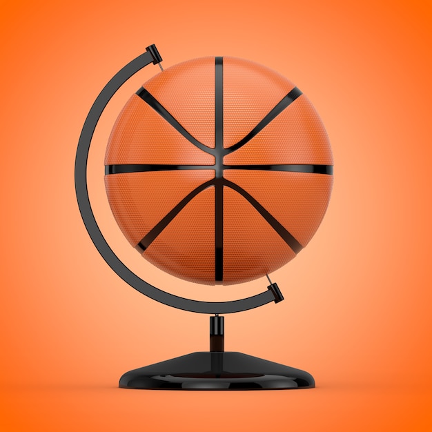 Pelota de baloncesto en forma de globo terráqueo sobre un fondo naranja. Representación 3D