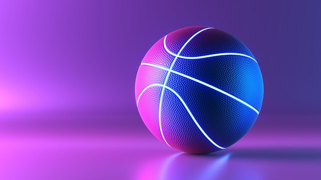 Pelota de baloncesto con líneas brillantes sobre fondo de luz de neón azul y rosa colorido