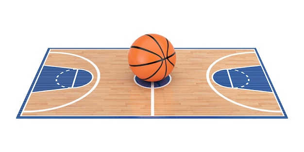 Pelota de baloncesto naranja en el centro del piso de la cancha de baloncesto de madera con líneas sobre un fondo blanco. Representación 3D