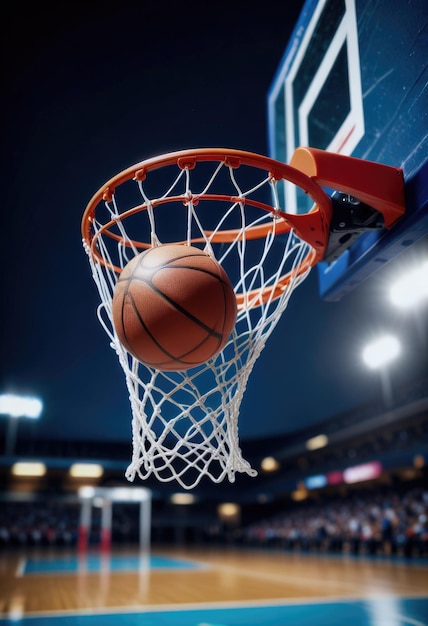 Una pelota de baloncesto navega por el aire volando en el aro en la cancha de baloncestro con precisión