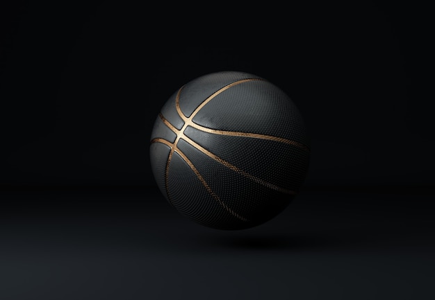 Pelota de baloncesto negra con líneas doradas.