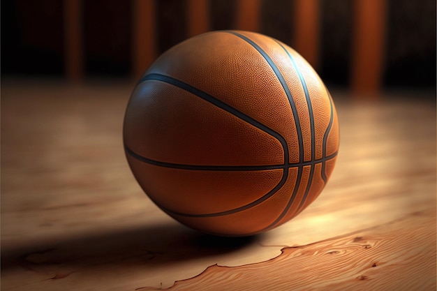 una pelota de baloncesto en un piso de madera con una franja negra en la parte inferior.