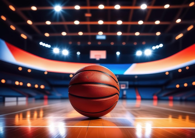 Foto pelota de baloncesto en la pista borrosa iluminada de noche arena deportiva cubierta en el fondo