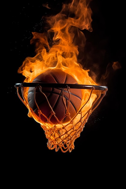 Foto una pelota de baloncesto se está quemando a través de una red con una pelota en ella