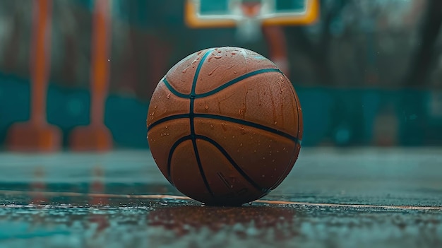 Una pelota de baloncesto se sienta en una cancha húmeda después de una lluvia la pelota es naranja y negra y la cancha está hecha de hormigón