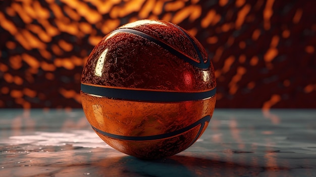 Una pelota de baloncesto se sienta en una mesa frente a un fondo brillante.