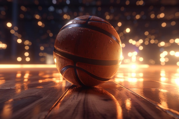 Una pelota de baloncesto sobre un suelo de madera con luces de fondo