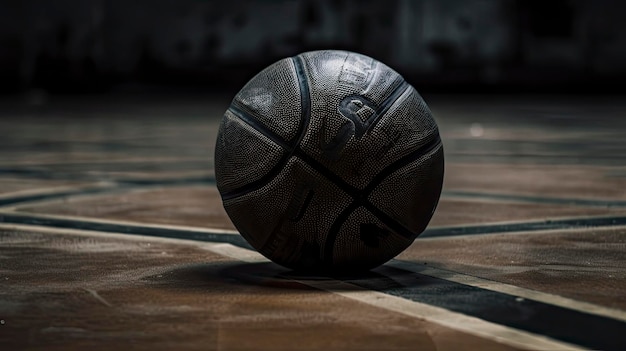 Una pelota de baloncesto en el suelo en un gimnasio.