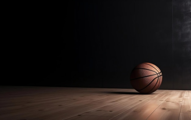 Una pelota de baloncesto en un suelo de madera en un gimnasio con un fondo negro.