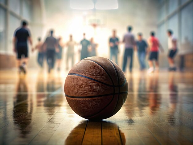 una pelota de baloncesto en el suelo con personas en el fondo