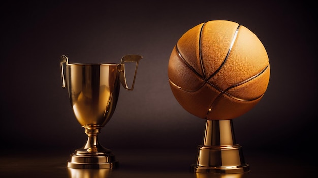 Una pelota de baloncesto y un trofeo están sobre un fondo oscuro.