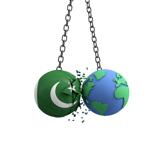 La pelota de la bandera de Pakistán golpea el concepto de impacto ambiental del planeta tierra d render