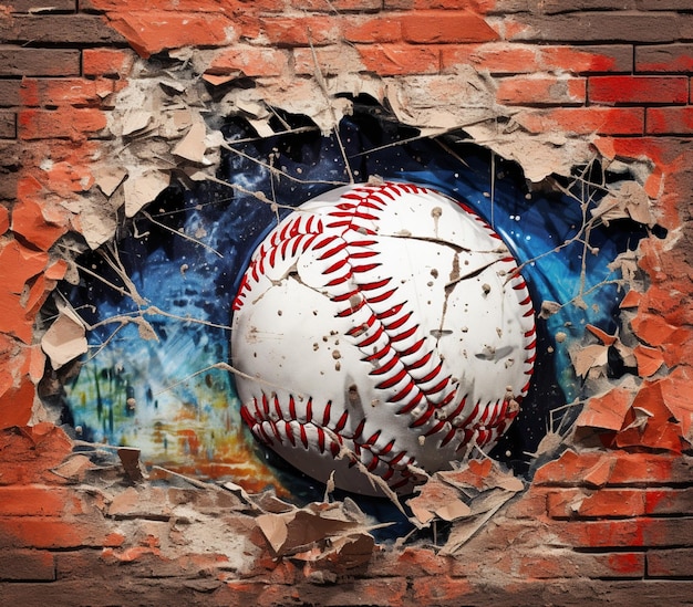 Foto una pelota de béisbol en un agujero en una pared de ladrillo generativa ai