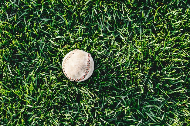 Foto una pelota de béisbol blanca usada en la hierba verde fresca con espacio de copia