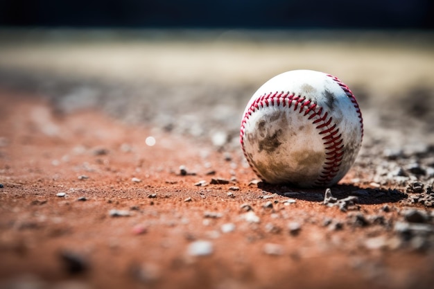 Pelota de béisbol en un campo de béisbol rojo con poca profundidad de campo Béisbol en la línea de tiza del campo generada por IA