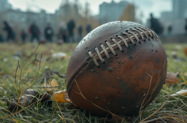 una pelota de béisbol en el campo de jugadores de fútbol en otoño