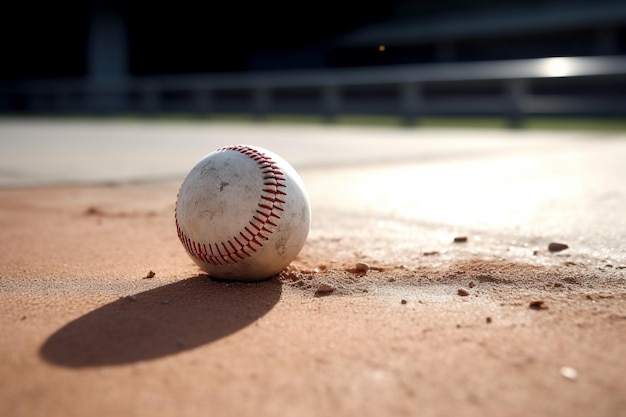 Una pelota de béisbol se encuentra en la grava fuera del banquillo antes de un juego de ligas menores