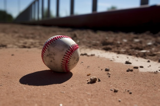 Una pelota de béisbol se encuentra en la grava fuera del banquillo antes de un juego de ligas menores