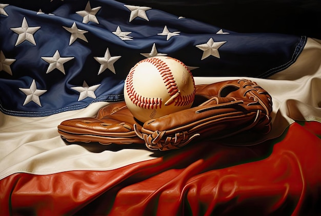una pelota de béisbol con un guante blanco y algunas banderas americanas al estilo de puertos majestuosos