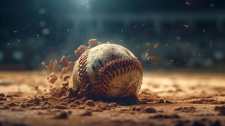 Pelota de béisbol con polvo en el fondo generativo ai