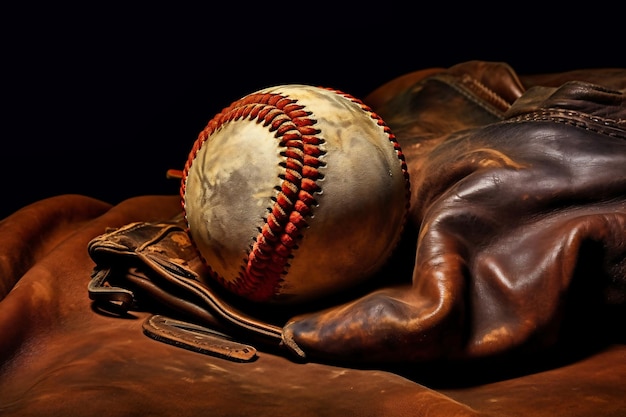 Una pelota de béisbol sentada encima de un guante de cuero.