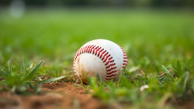 Una pelota de béisbol se sienta en la hierba con la palabra béisbol en ella.