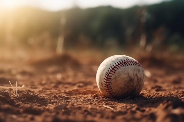 Una pelota de béisbol se sienta en el suelo en un campo.