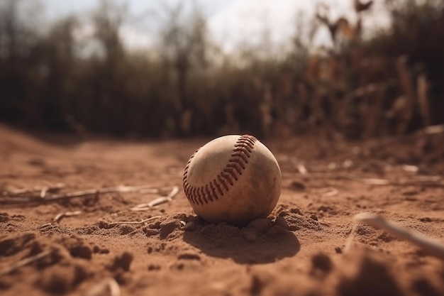 Una pelota de béisbol se sienta en el suelo frente a un fondo borroso.