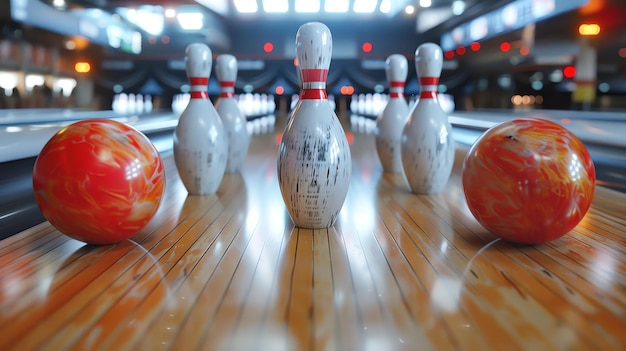 Una pelota de bolos está rodando por el carril hacia los alfileres los alfieres están de pie en una formación de triángulo la bola de bolos es roja y blanca